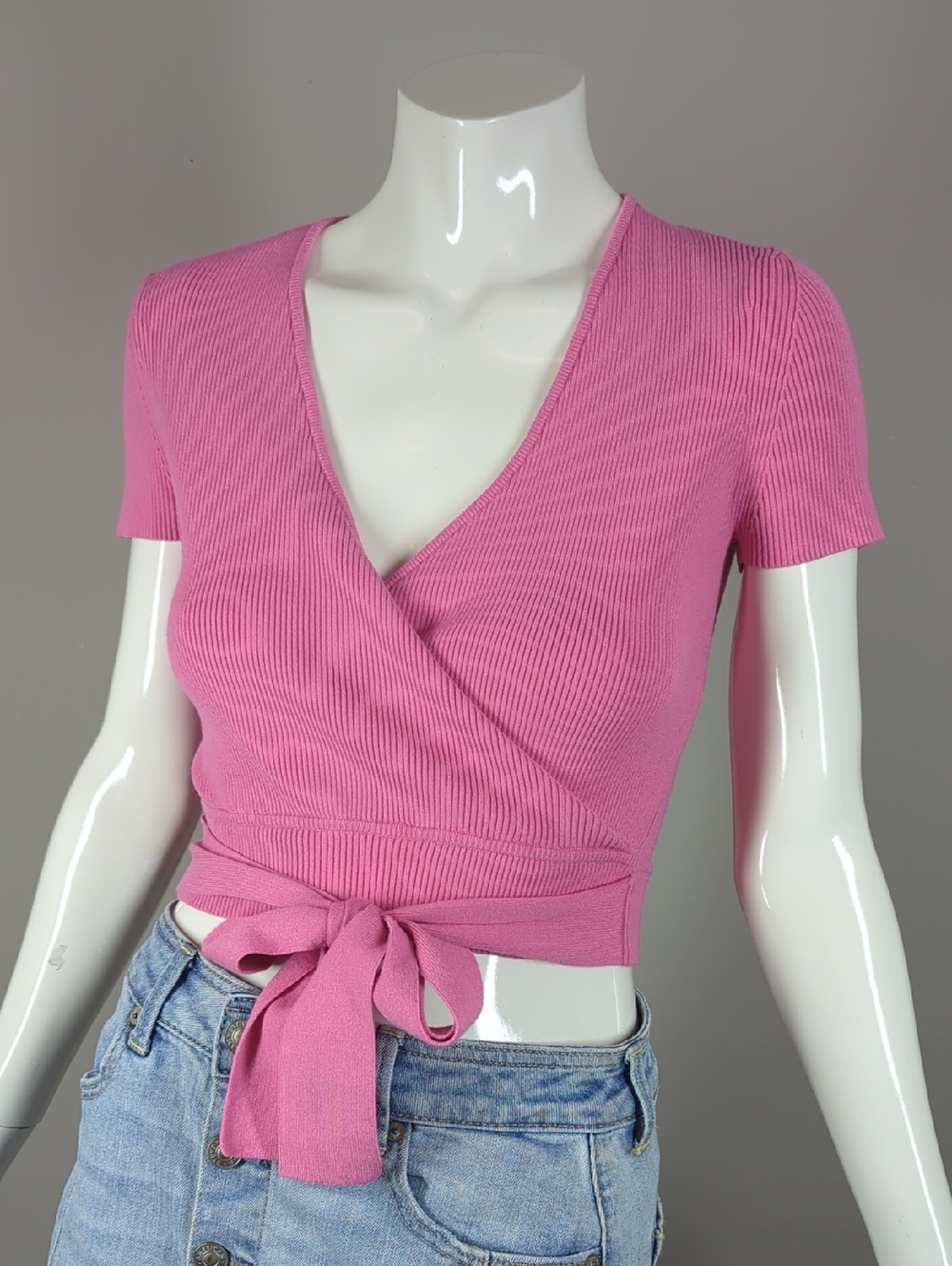 Aritzia Little Moon Pink Ribbed Wrap Crop Top Xs